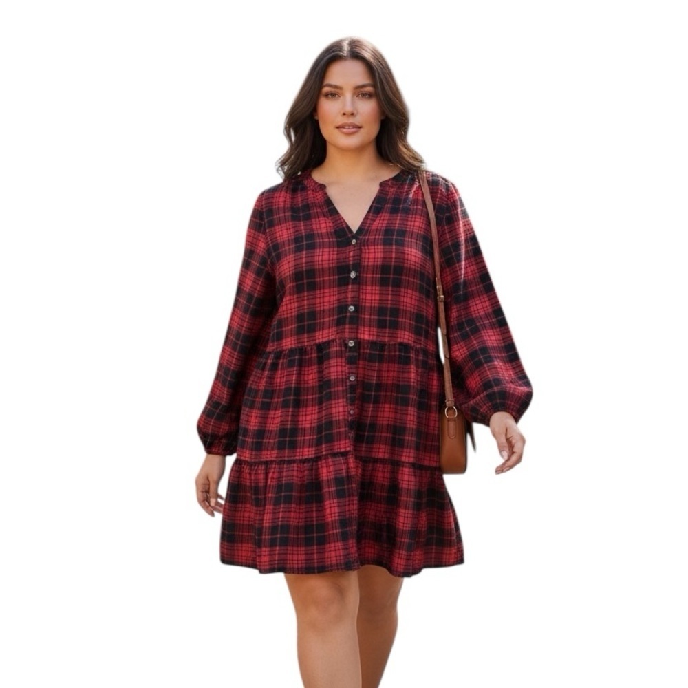 Time & Tru Large Red Black Buffalo Check Plaid Casual Preppy Mini Dress